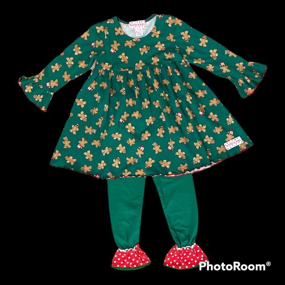 RUFFLE GIRL SZ 6 Girls Dress Green Background W/ Gingerbread And Ruffled Tights